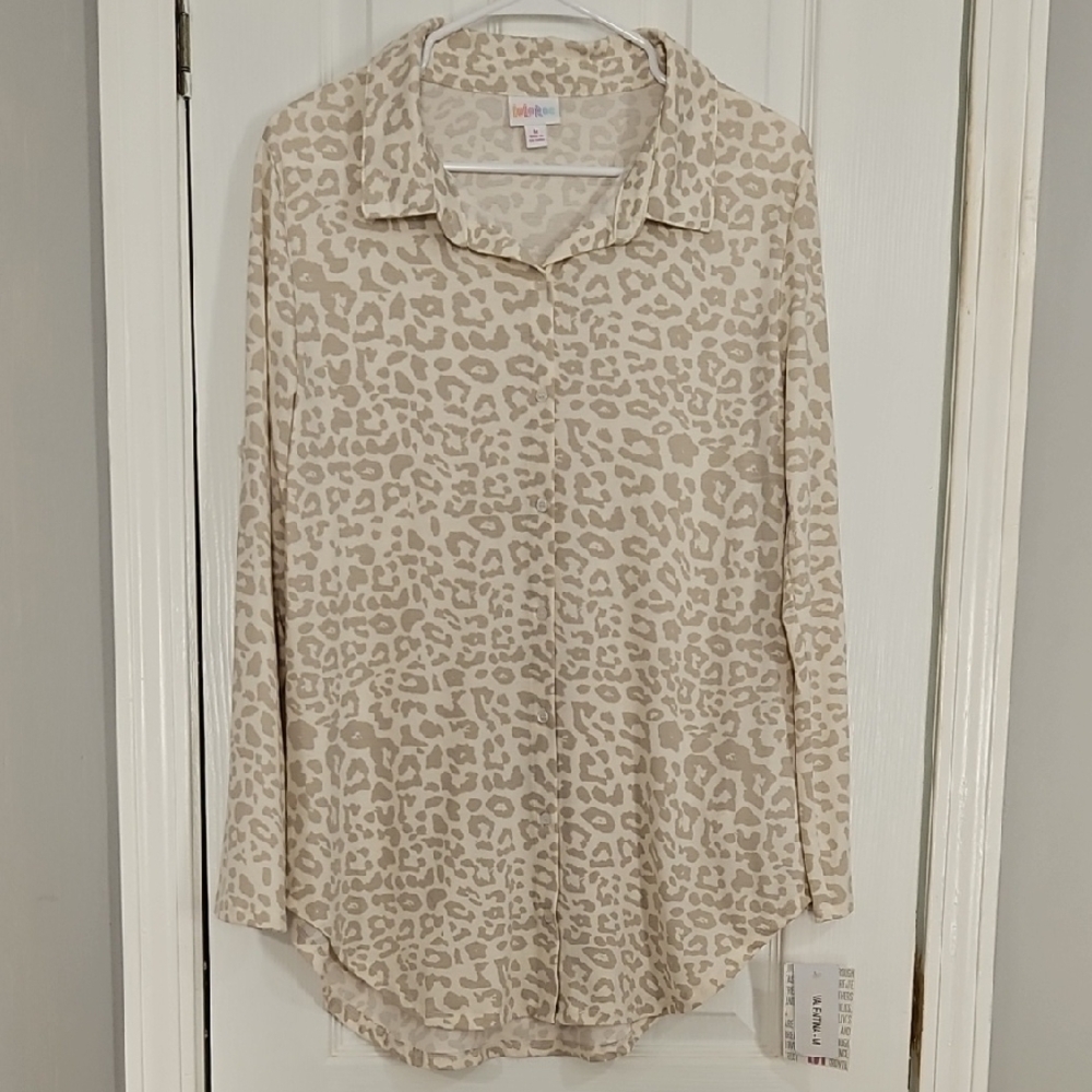 LuLaRoe Cream Leopard Print Button Down Shirt